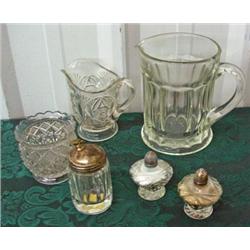 Lot Of Old Glassware - Paneled Pitcher, Sugar Jar, Creamer And Sugar And Salt & Pepper