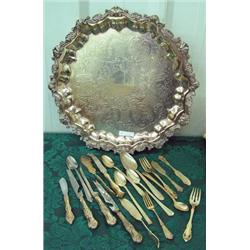 Large Round Chased Sheridan Footed Silverplate Tray Plus Assorted Knives, Iced Tea Spoons, Etc.