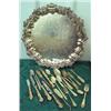 Image 1 : Large Round Chased Sheridan Footed Silverplate Tray Plus Assorted Knives, Iced Tea Spoons, Etc.