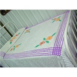 Full Size Chenille Bedspread, White Windowpane Pattern With Flowers