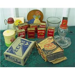 Lot Of Vintage Kitchen Items And Spice Tins - 2 Nut Choppers, Batter Bowl, Shaker, 7 Tins, Etc.