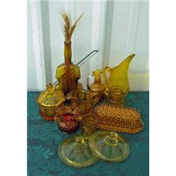 Eleven Pieces Of Amber Glass - Hobnail Butter Dish, Coin Dot Creamer And Sugar, Violin Vase, Etc.