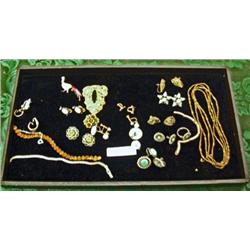 Vintage Costume Jewelry - Amber Stone Bracelet And Earrings, Dress Clip, Turquoise And Silver Earrin