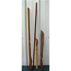 Primitive Bow And Arrows, Machete And Wooden Carved Rifle Form