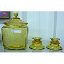 Amber Madrid Cookie Jar And 2 Candleholders