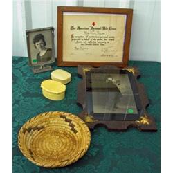 Vintage Footed Picture Frame, Red Cross Certificate From 1945 Signed By Truman , Woven Basket, Vinta