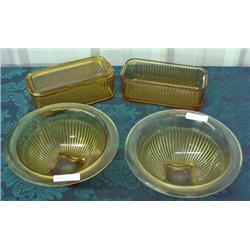Amber Kitchen Pieces - 2 Refrigerator Dishes And 2 Optic Rib Bowls