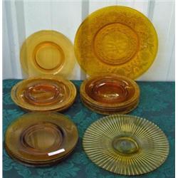 Lot Of Amber Plates, Sandwich Glass Snack Tray And Ribbed Snack Tray