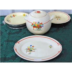 Vintage Deep Dish Plates, Metal Servers, Oval Platter And Cookie Jar, All With Floral Pattern