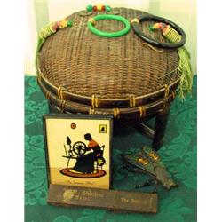 Woven Sewing Basket On Legs, Iron Fly Match Safe, Straight Razor And Silhouette Of Woman Using Spinn