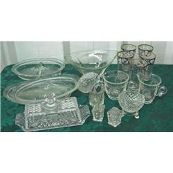 Etched Cream And Sugar, Butter Dish, 4 Silver Overlay Tumblers, Divided Relish Dish, Etc.