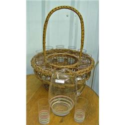 Vintage Lemonade Pitcher And 11 Matching Glasses By Federal In Wicker Holder