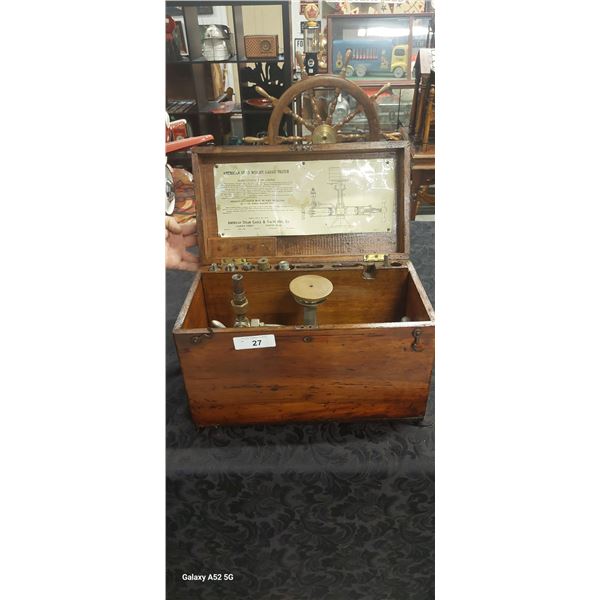 Antique dead weight gauge tester in original wooden box 17" long
