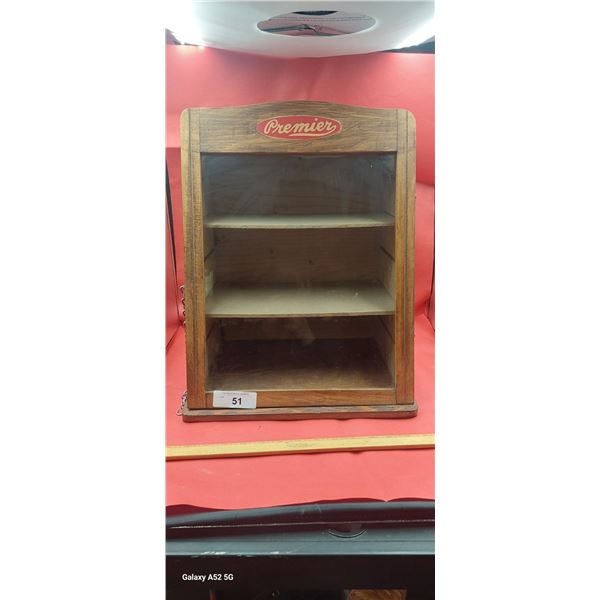 Antique counter display cabinet," Premiere" wood with glass, 19" tall
