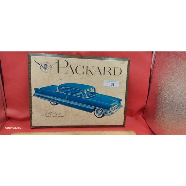 50s Packard advertisement, 16"x12" tin over cardboard