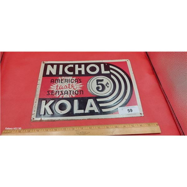 Vintage 50s Nichol Kola tin tacker sign 14"x10"