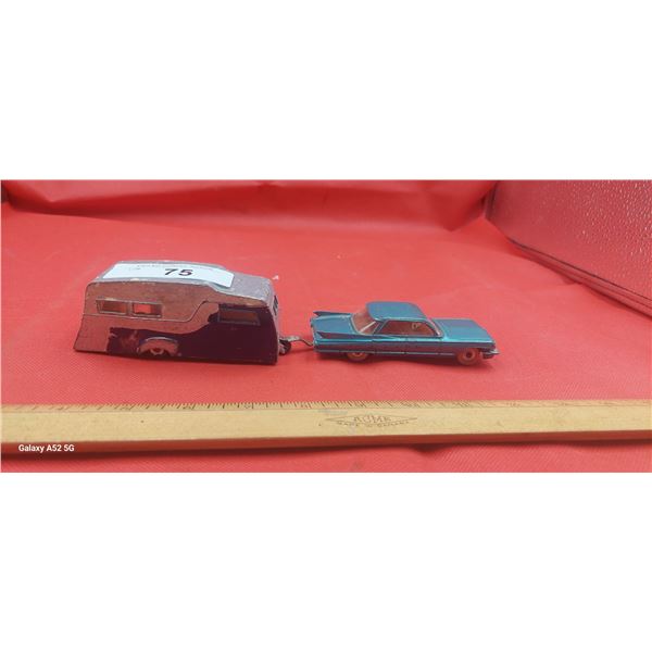 Vintage die cast car and trailer, Dinky Cadillac and Meccano Caravan overall length 10"