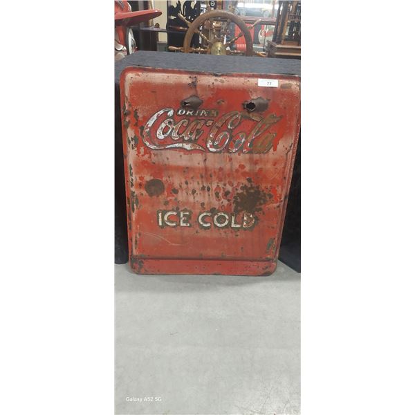 Vintage panel from old Coke machine, embossed lettering, great patina'd look 32"x24"