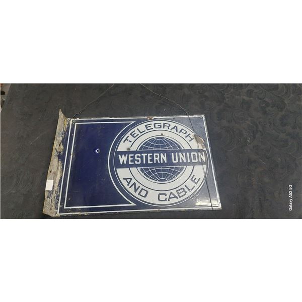 Antique porcelain Western Union Telegraph & Cable flange sign 15"x12.5"