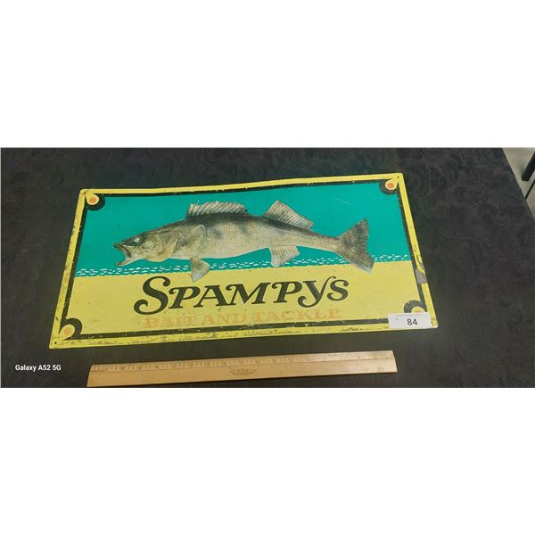 Vintage tin tacker, Spampys Bait and Tackle, fantastic graphics 24 x12 