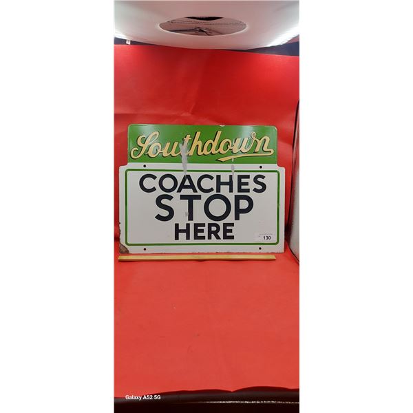 Vintage porcelain sign from England, Southdown Coaches top Here, 20"x16"