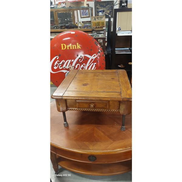 Nice low wooden table with pipe legs 24"x24" 12.5" tall