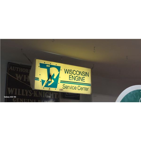 Nice vintage light up clock sign, Wisconsin Engine Service Centre, 36"x15"