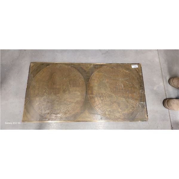 World map on copper or brass 48"x24" with wooden backing
