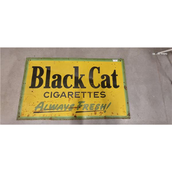 Vintage large Black Cat Cigarettes tin sign with wood frame, 59"x35"