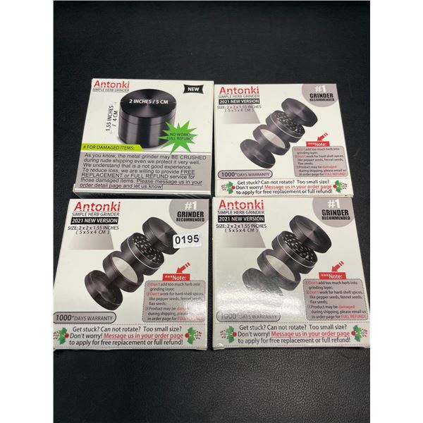Lot of 4 Antonki Simple Herb Grinders w/ Carrying Pouch - Brand New