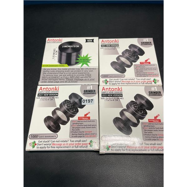 Lot of 4 Antonki Simple Herb Grinders w/ Carrying Pouch - Brand New