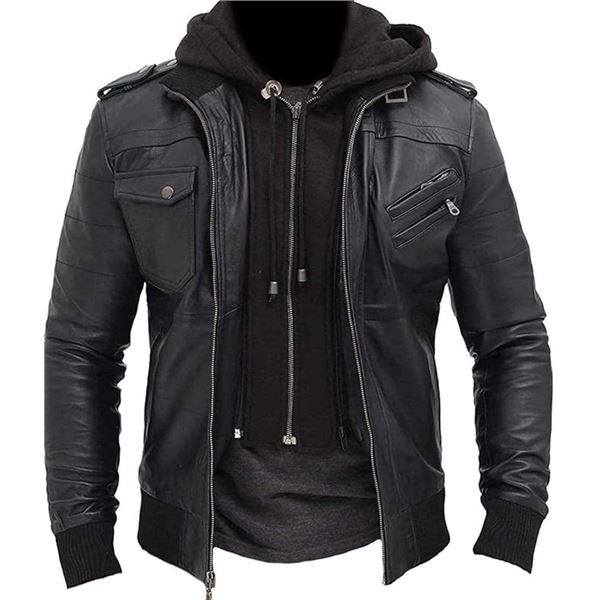 Lot of 1 AKS Mode Men's Black Biker Leather Jacket - New Zealand Lambskin Leather Bomber - Size M