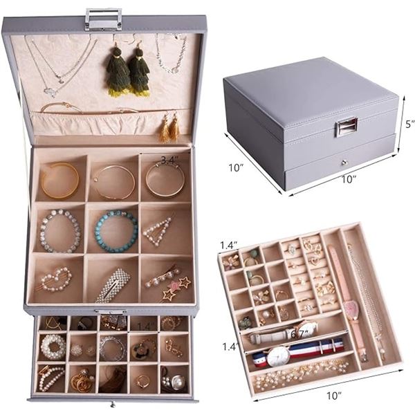 Lot of 1 Grey Leather 3-Layer Jewelry Box/Jewelry Organizer - Brand New!