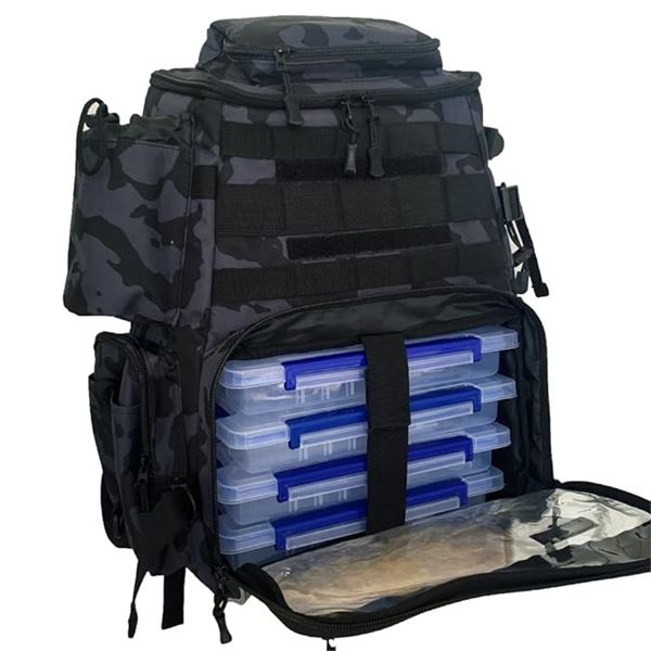 Lot of 1 Thekuai Fishing Tackle Outdoor Backpack w/ 4 Tackle Boxes - Camo Black - BRAND NEW!
