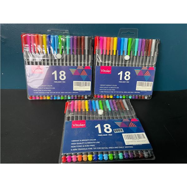 Lot of 3 Multi-Packs of Vitoler Fineliner Pens - 18 Colors Per Pack