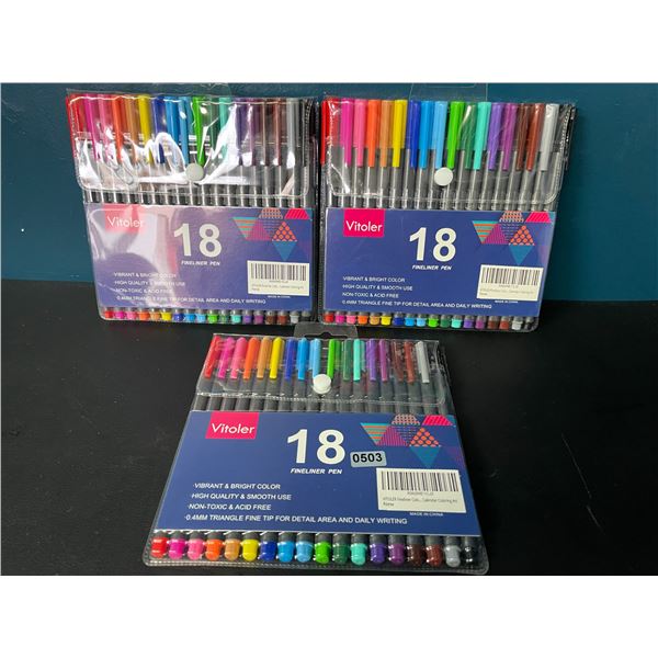 Lot of 3 Multi-Packs of Vitoler Fineliner Pens - 18 Colors Per Pack