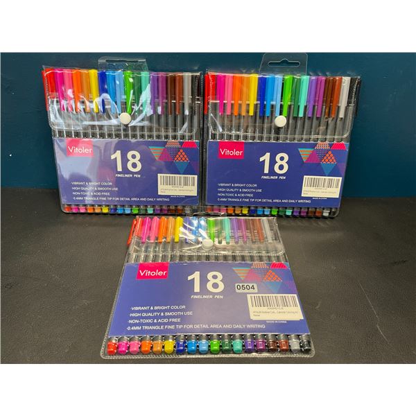 Lot of 3 Multi-Packs of Vitoler Fineliner Pens - 18 Colors Per Pack