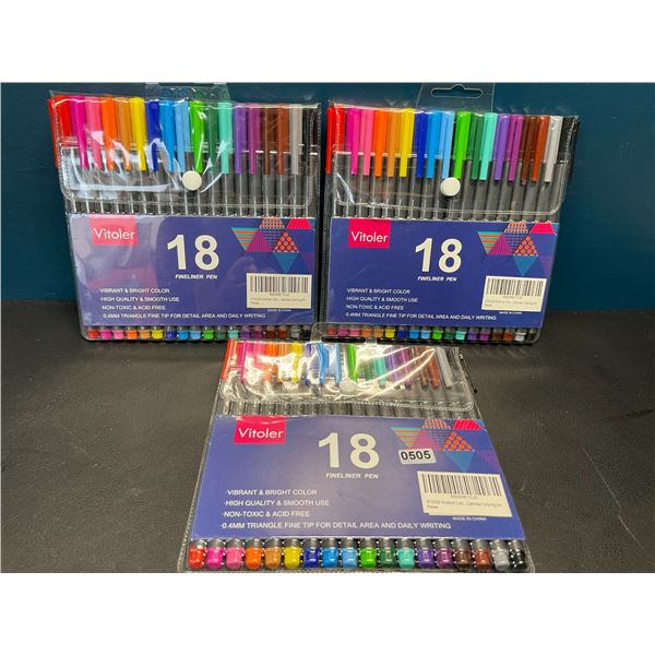 Lot of 3 Multi-Packs of Vitoler Fineliner Pens - 18 Colors Per Pack