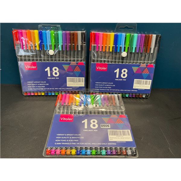Lot of 3 Multi-Packs of Vitoler Fineliner Pens - 18 Colors Per Pack