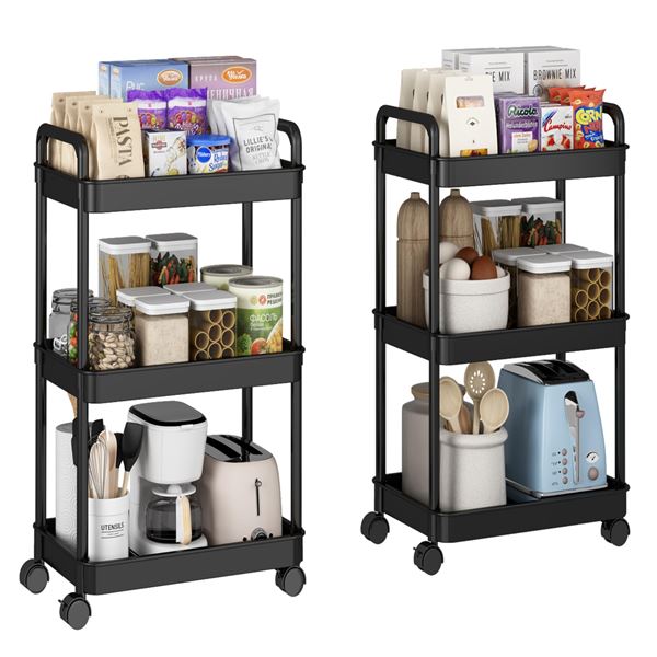 Lot of 3-Tier Utility Storage Carts/Rolling Storage Carts - 2 In Box! - Black