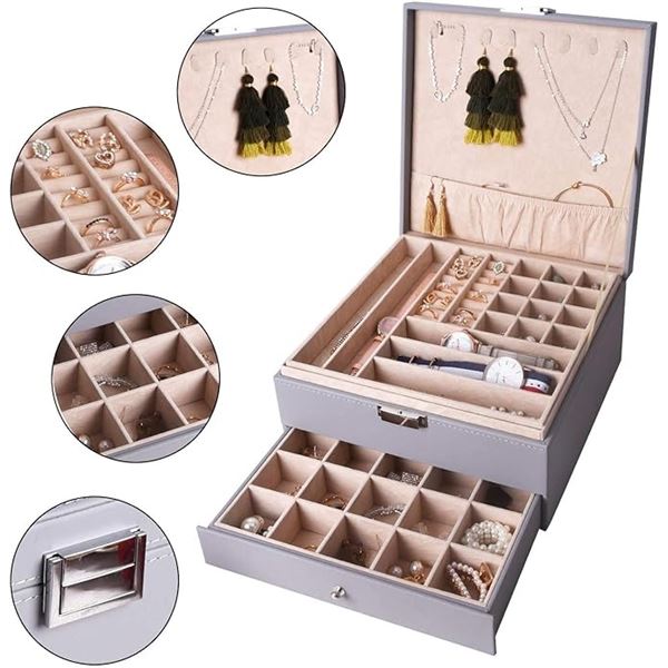 Lot of 1 Grey Leather 3-Layer Jewelry Box/Jewelry Organizer - Brand New!