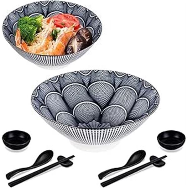 Lot of 1 Box Set of Large Japanese Ramen Bowls - 2 PCS Included - 9inch Size w/ Chopsticks & Spoons