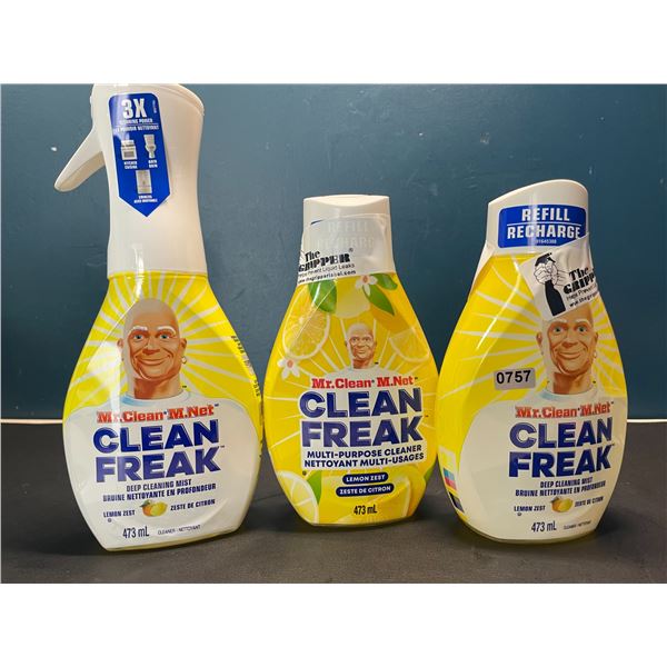 Lot of 3 Mr.Clean - Clean Freak - Multi-Purpose Cleaners - 1x Spray Bottle & 2x Extra Refills
