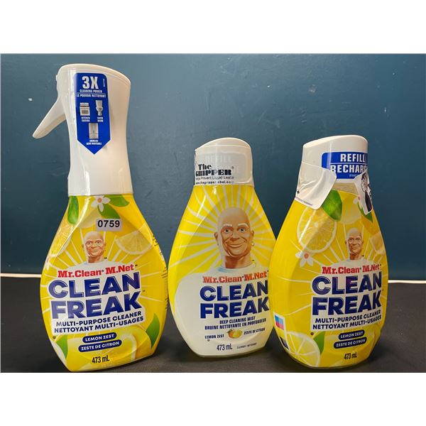 Lot of 3 Mr.Clean - Clean Freak - Multi-Purpose Cleaners - 1x Spray Bottle & 2x Extra Refills