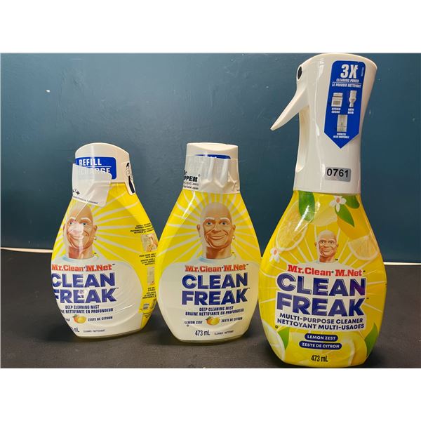 Lot of 3 Mr.Clean - Clean Freak - Multi-Purpose Cleaners - 1x Spray Bottle & 2x Extra Refills