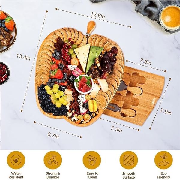 Lot of 1 Bamboo Cheese Board/Charcuterie Board - Apple Shaped - w/ 4 Cheese Knives - New Sealed!