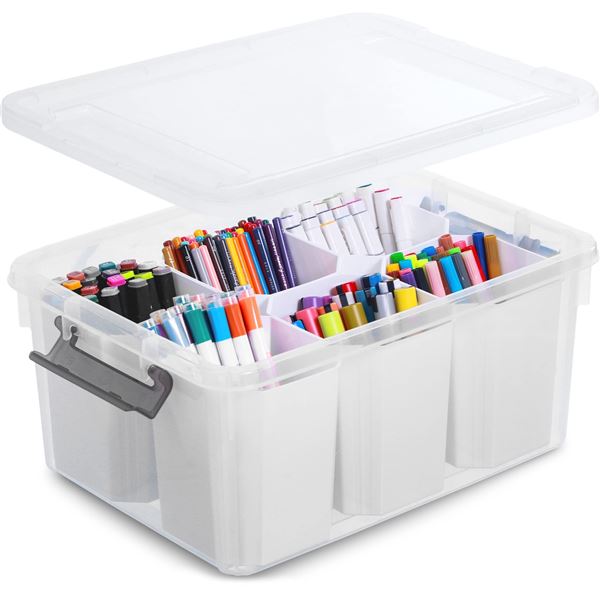 Lot of 1 Large 17QT Plastic Storage Bin w/ 6 Removable Inserts - For Crafts, Art, Tools, Lego, etc