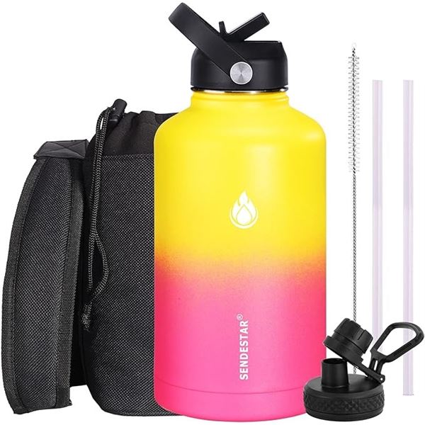 Lot of 1 Sendestar Double Wall Stainless Steel Insulated Water Bottle - 1.8L (64oz) (Yellow/Pink)