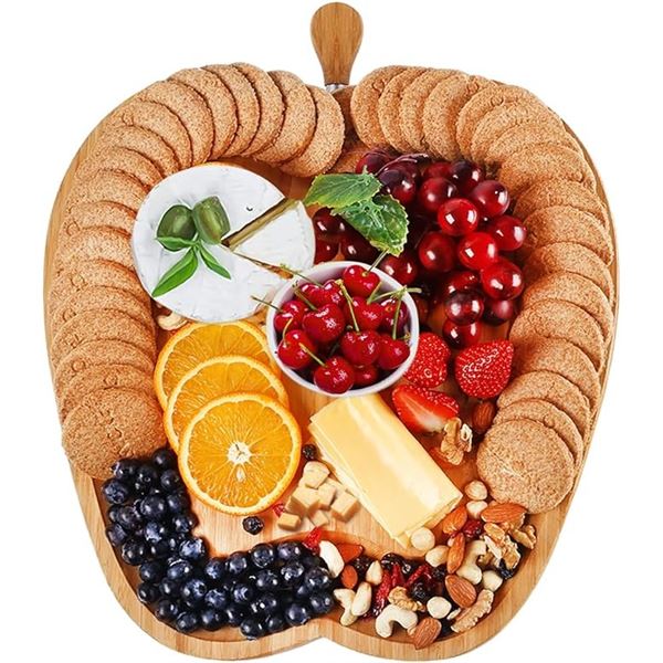 Lot of 1 Bamboo Cheese Board/Charcuterie Board - Apple Shaped - w/ 4 Cheese Knives - New Sealed!