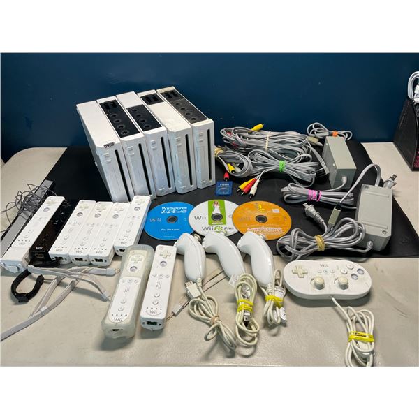 Lot of 5 Nintendo Wii Consoles w/ Cords, Controllers, Accessories, and 3 Games - Used